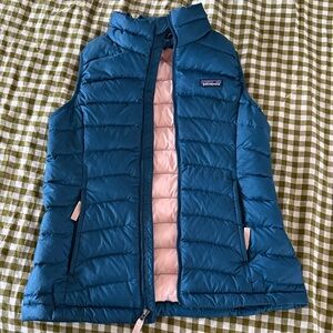 Patagonia Teal Blue Puffer Vest with Pink Interior